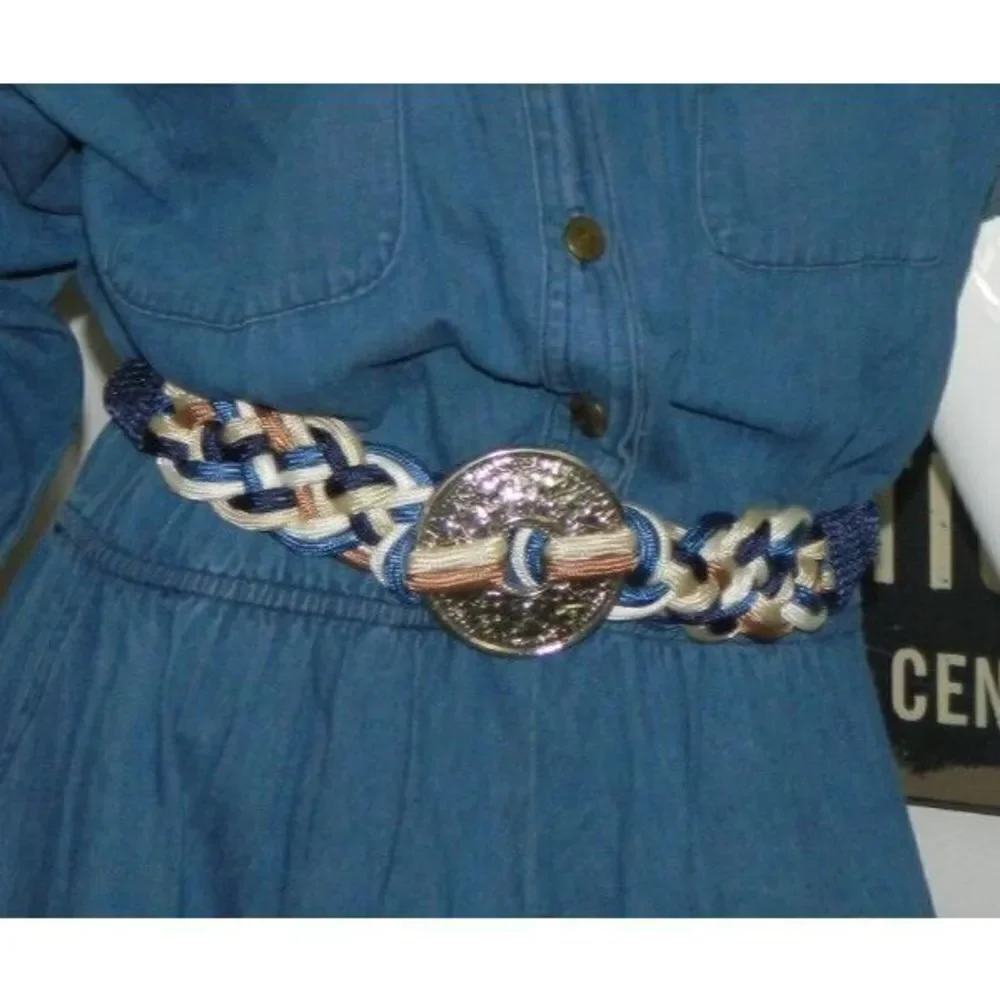 Vintage Belt Blue White Boho Braided Cord and‎ Silver Metal Medallion XS/S